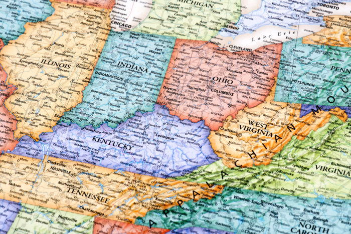 Map of Ohio, Indiana, West Virginia, Kentucky and Illinois States in USA. Detail from the World Map.