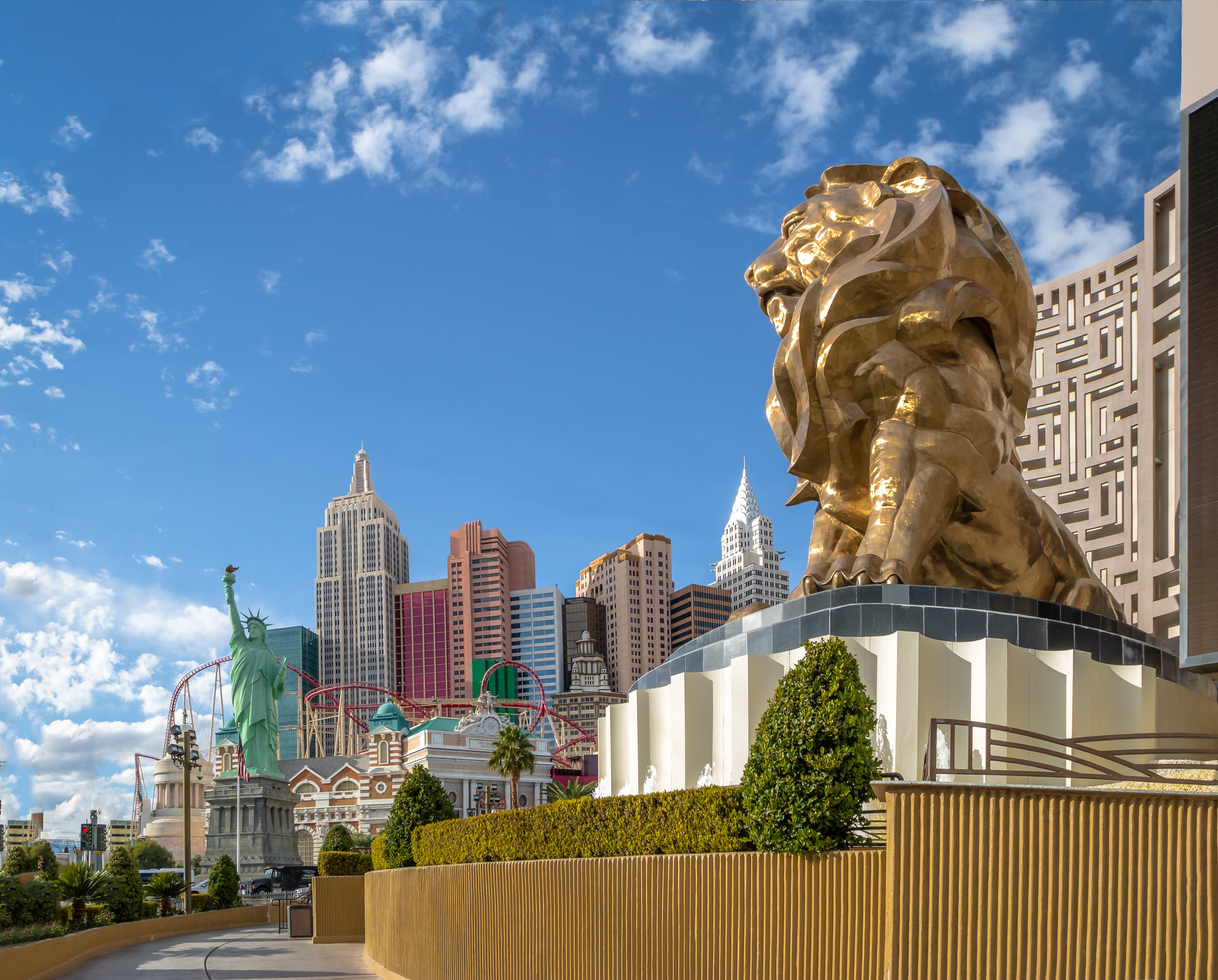 LAS VEGAS, USA - December 22, 2016: Las Vegas Strip, MGM Grand Lion and New York New York Hotel and Casino