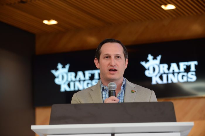 BOSTON, MA - MARCH 26: DraftKings CEO and Co-Founder Jason Robins speaks during the unveiling of DraftKings headquarters March 26, 2019 in Boston, Massachusetts. (Photo by Darren McCollester/Getty Images for DraftKings)